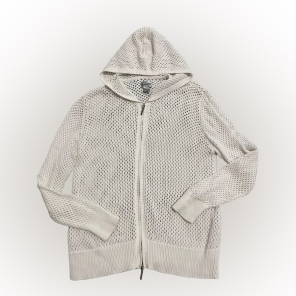 Chico's Open Knit Hooded Zip Jacket Cardigan Sweater Sz 2 = 8-10 M Cotton White